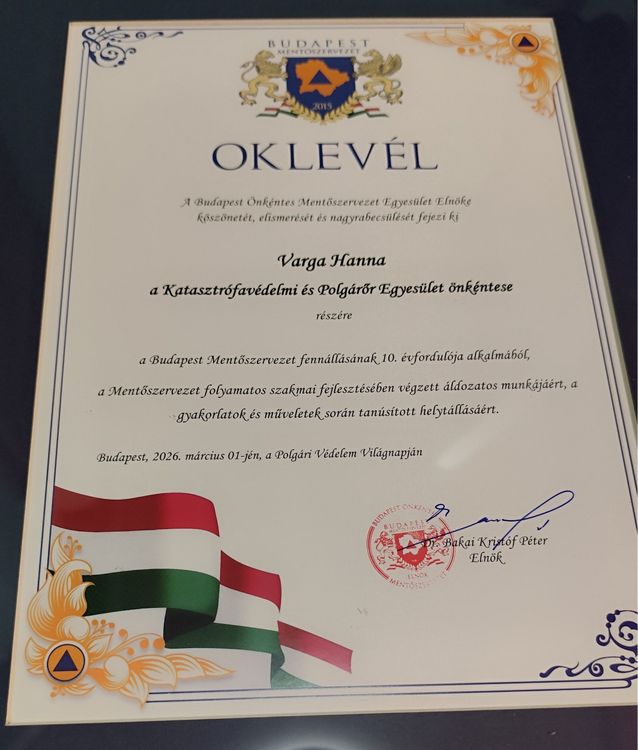 A Budapesti Mentőszervezet elismerése diákunknak