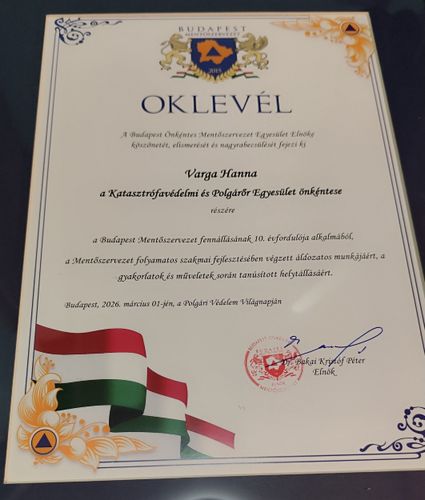 A Budapesti Mentőszervezet elismerése diákunknak